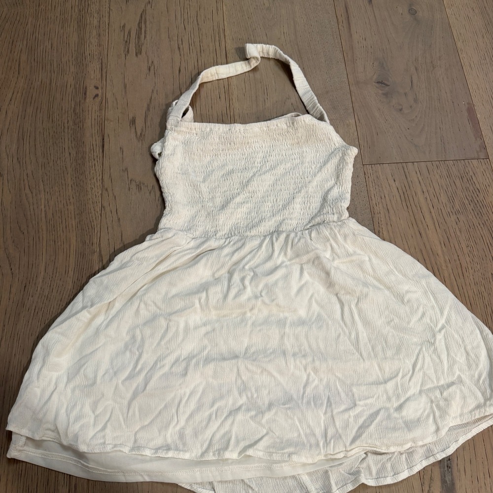 Cream Smocked Halter Mini Dress Open Back Textured Summer Sun‎ Dress Off-White